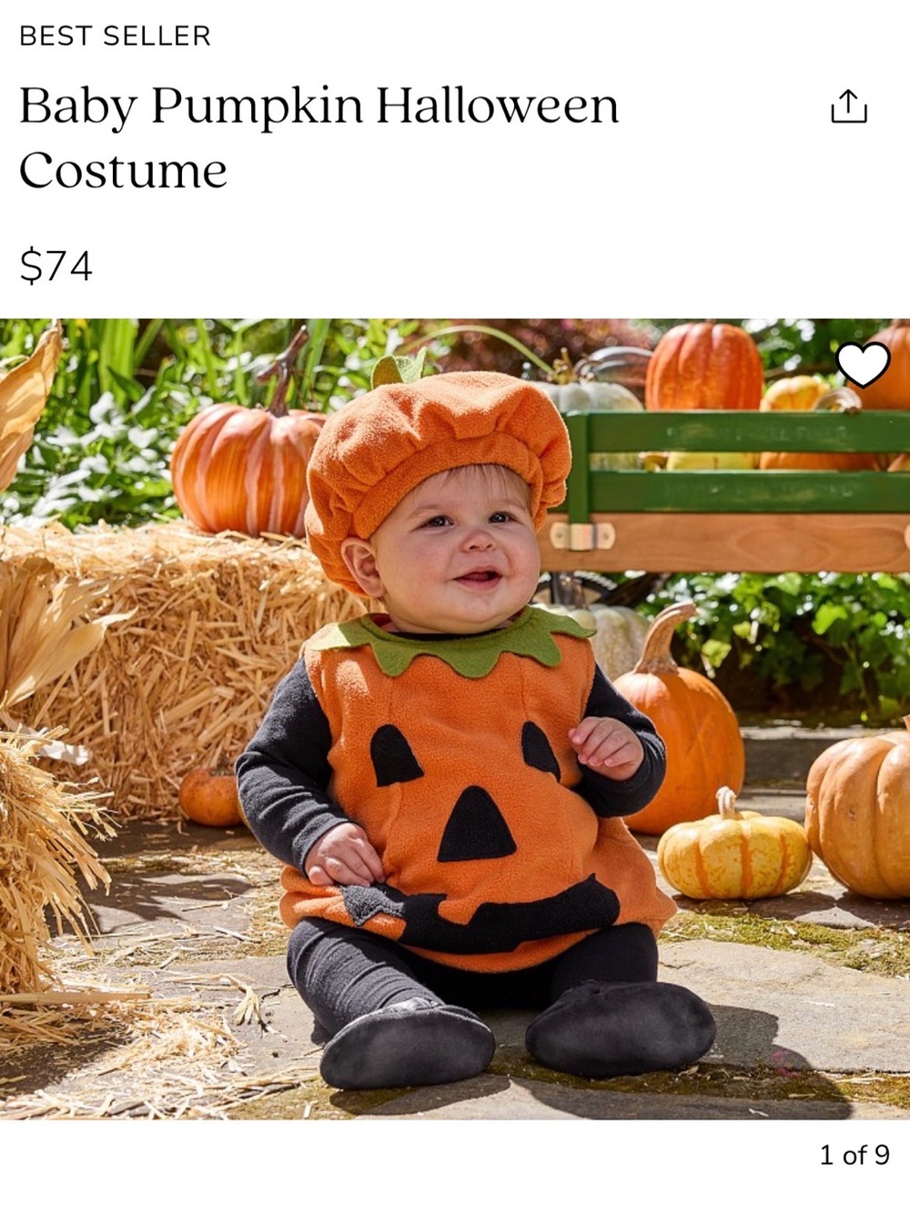 Pottery Barn Kids Orange Pumpkin Baby Costume with Green Collar